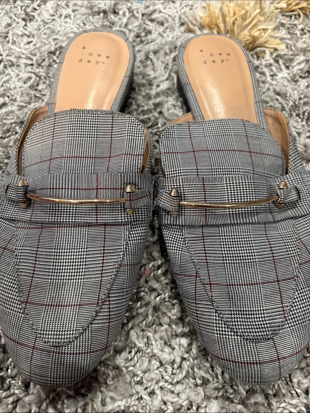 a new day Gray Plaid Slip-On Mules with Gold Accent